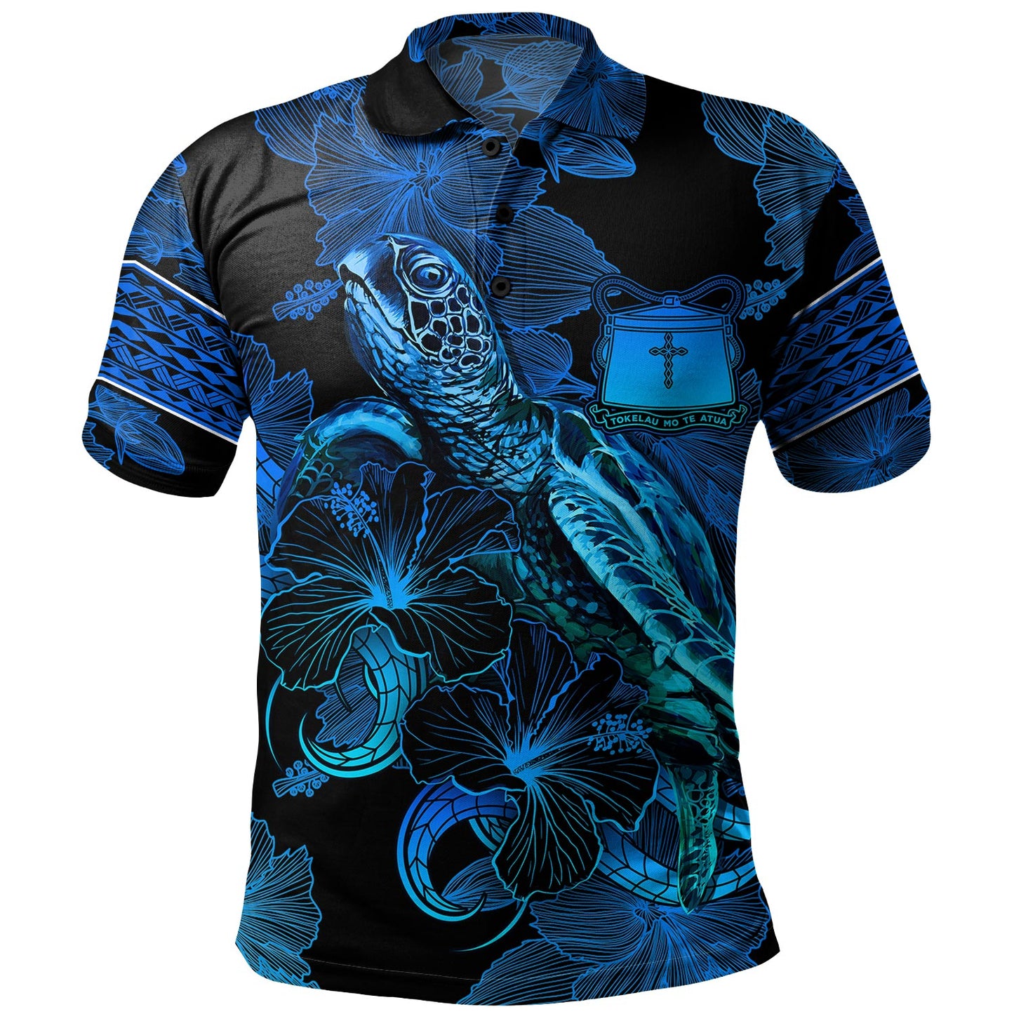 Tokelau Polo Shirt Sea Turtle With Blooming Hibiscus Flowers Tribal Blue