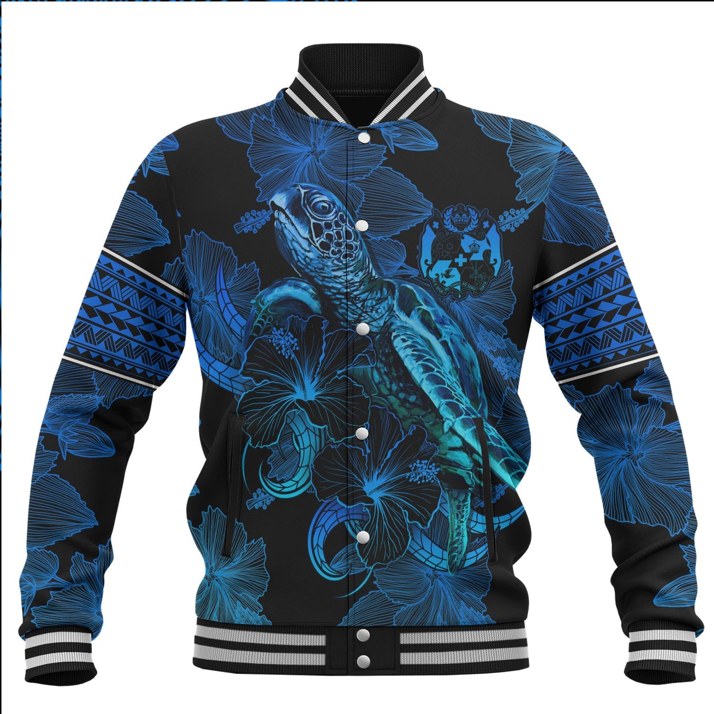 Tonga Baseball Jacket Sea Turtle With Blooming Hibiscus Flowers Tribal Blue