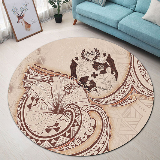 Tonga Round Rug Hibiscus Flower Vintage Style