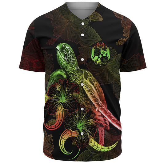 Tonga Baseball Shirt Sea Turtle With Blooming Hibiscus Flowers Reggae