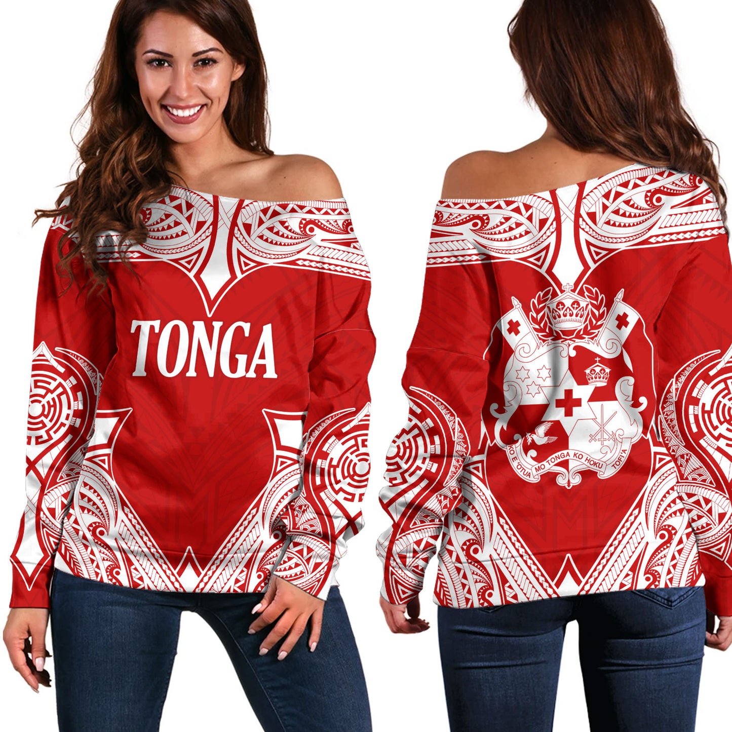Tonga Off Shoulder Sweatshirt - Custom Coat Of Arms With Patterns Flag Color