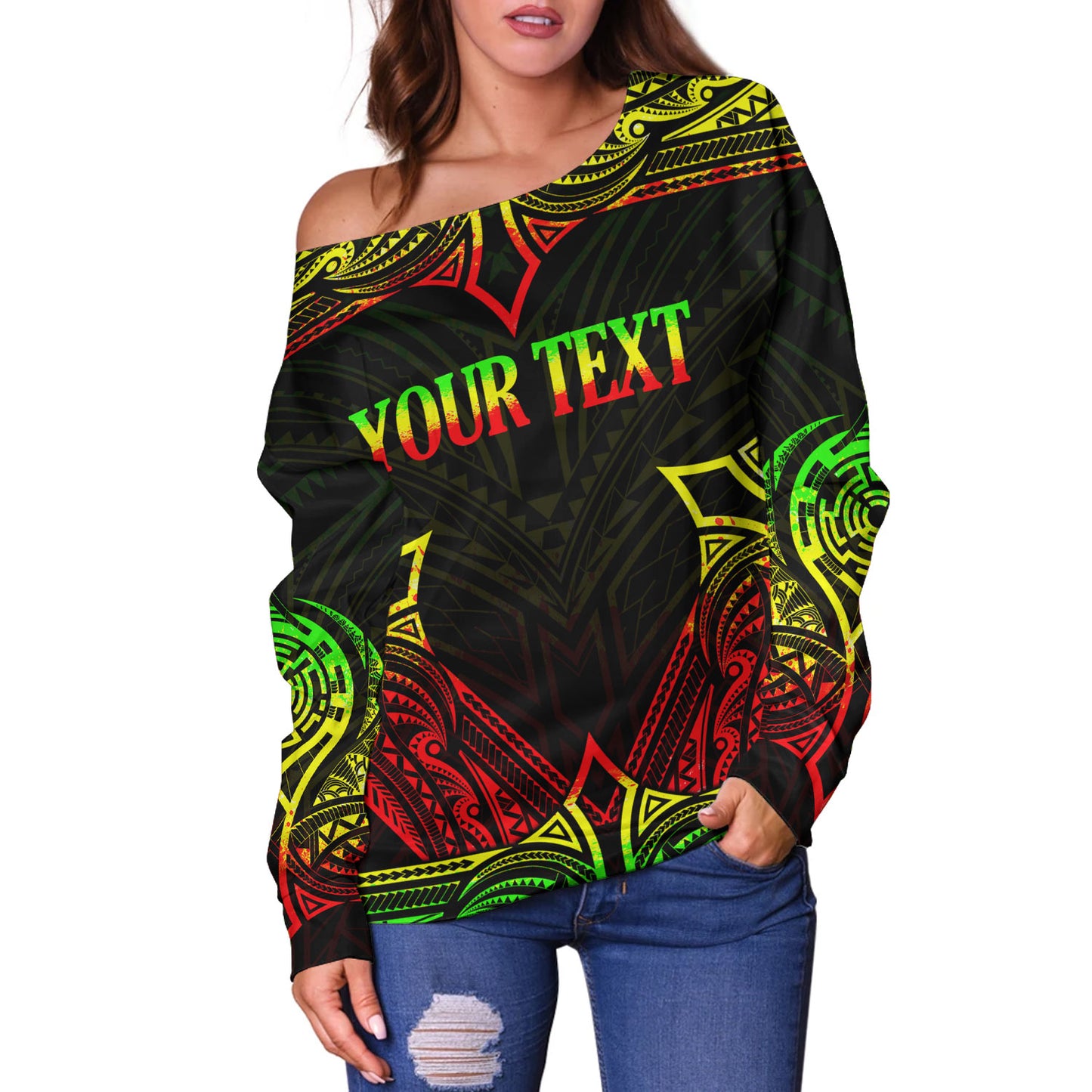 Tonga Custom Personalised Off Shoulder Sweatshirt Coat Of Arms With Patterns Reggae Color