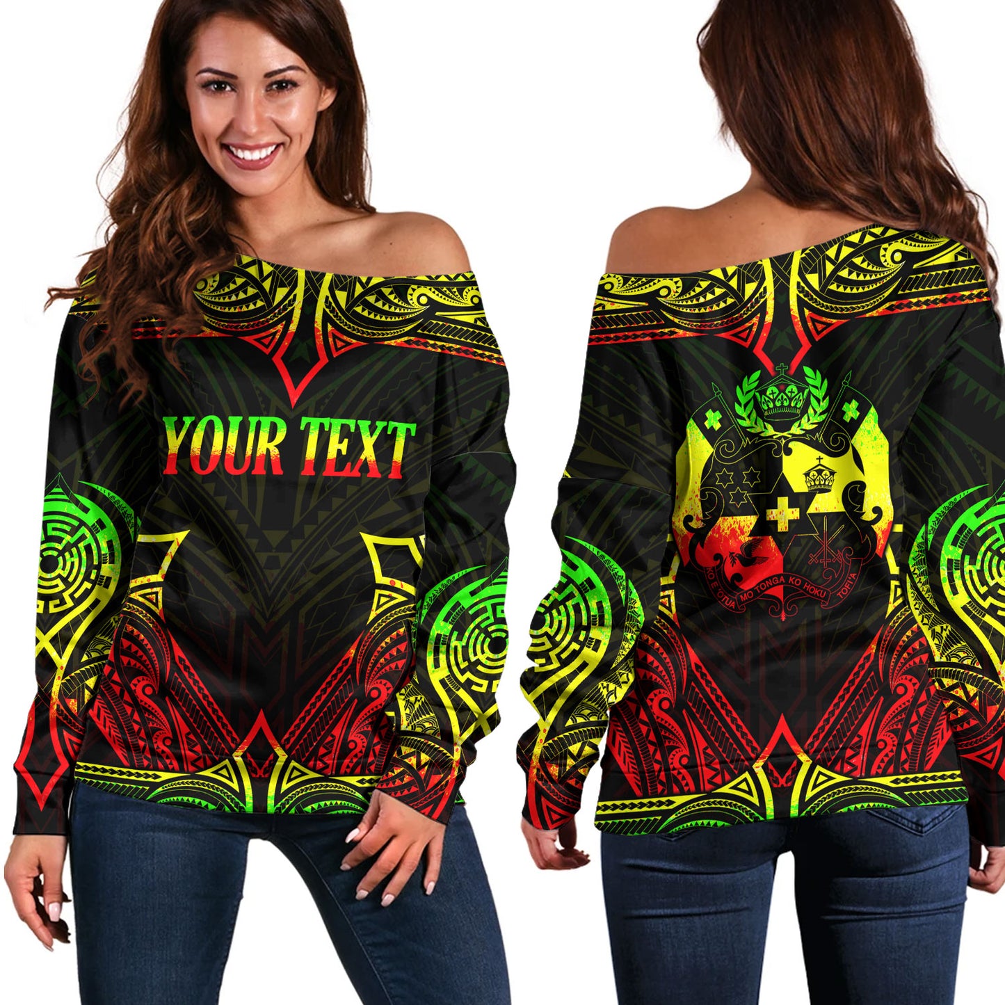 Tonga Custom Personalised Off Shoulder Sweatshirt Coat Of Arms With Patterns Reggae Color
