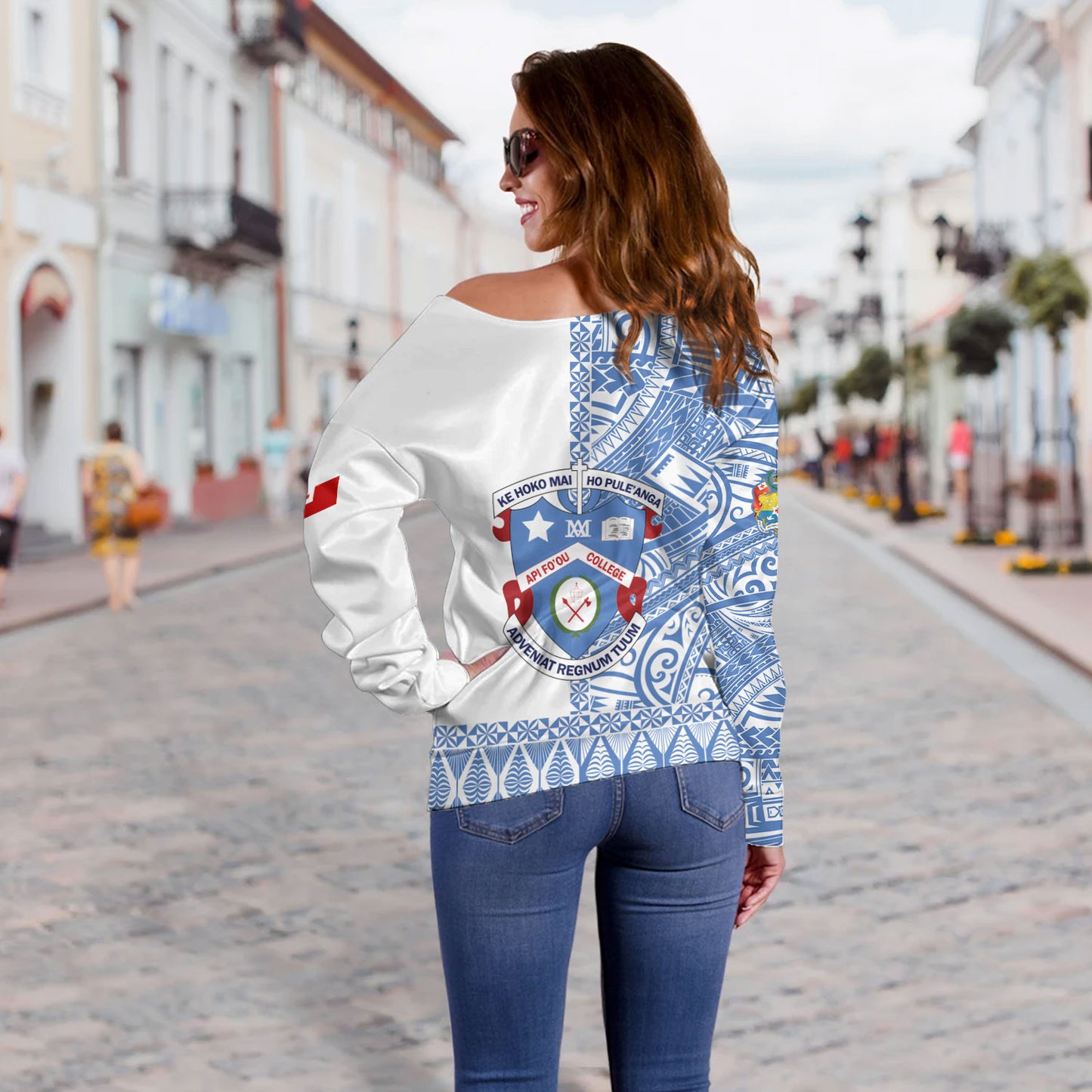 Tonga Custom Personalised Off Shoulder Sweatshirt Apifo'ou College Simple Ngatu Patterns
