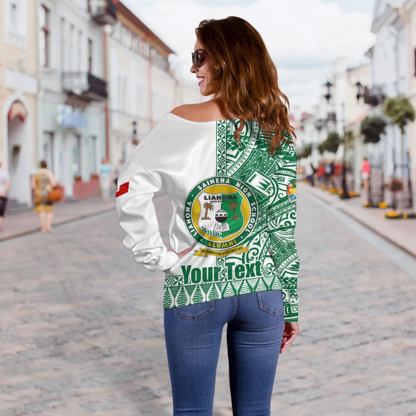 Tonga Custom Personalised Off Shoulder Sweatshirt Liahona High School Simple Ngatu Patterns