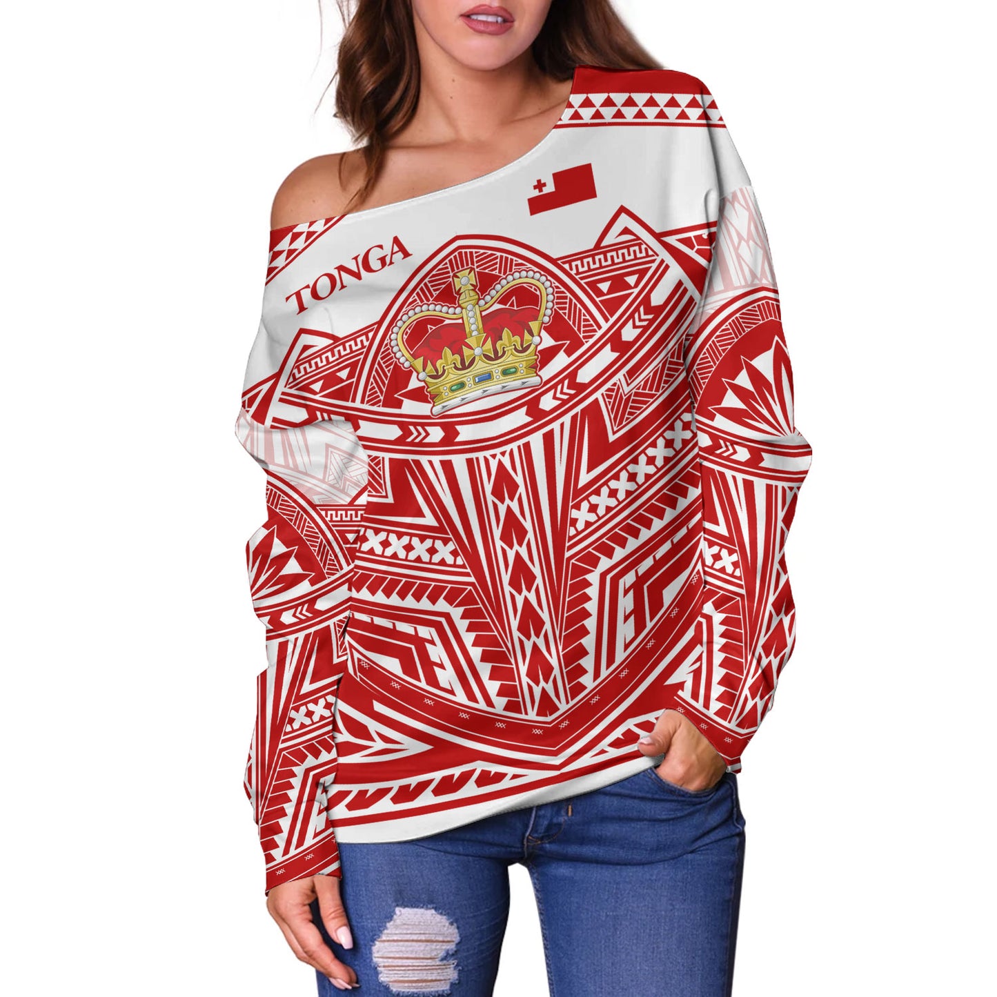 Tonga Off Shoulder Sweatshirt Seal Tribal Flag Color Design