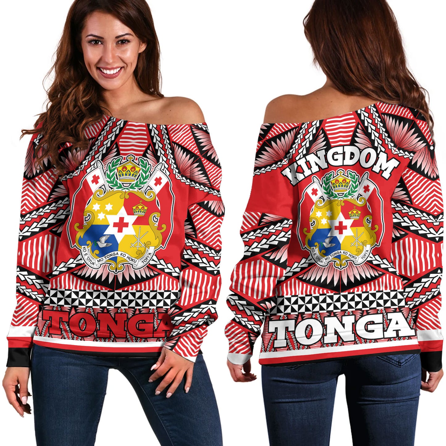 Tonga Off Shoulder Sweatshirt Tonga Kingdom Tongan Ngatu Style