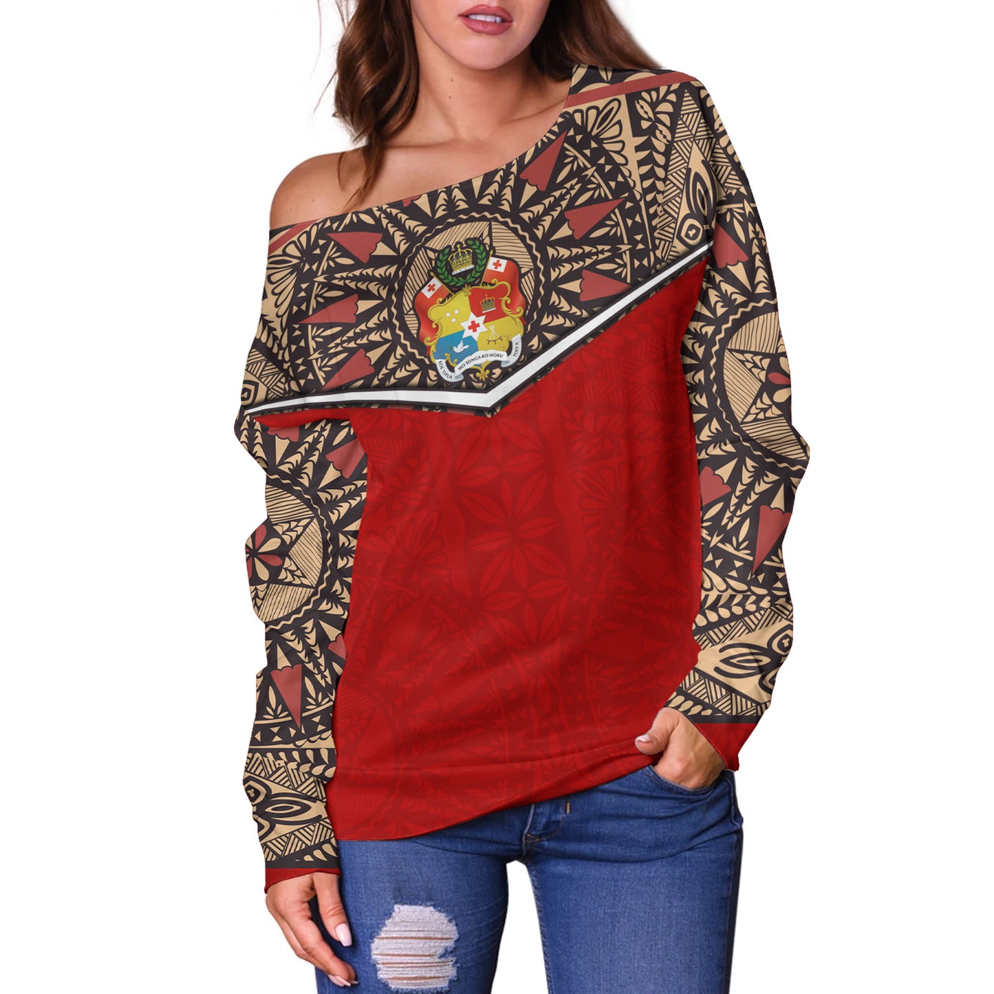Tonga Off Shoulder Sweatshirt Tongan Ngatu Design