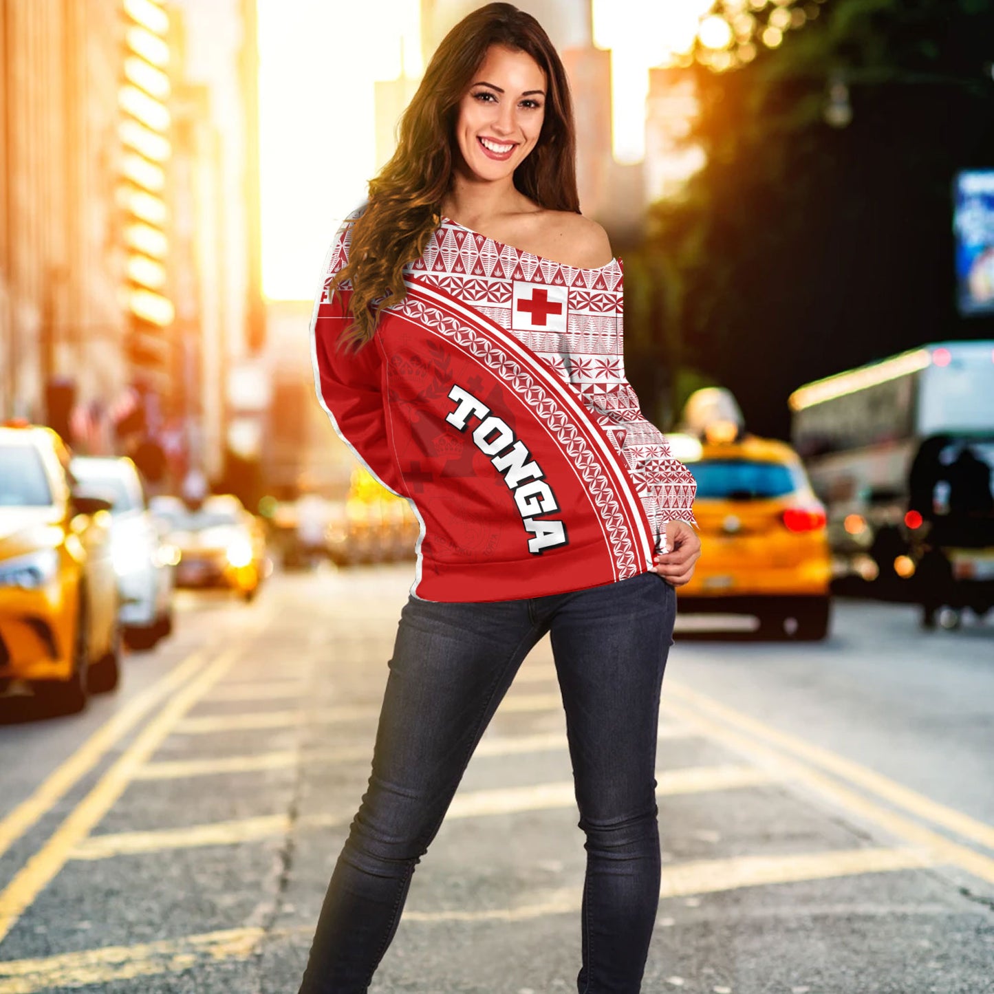 Tonga Custom Personalised Off Shoulder Sweatshirt Tongan Ngatu Pattern Curve Style