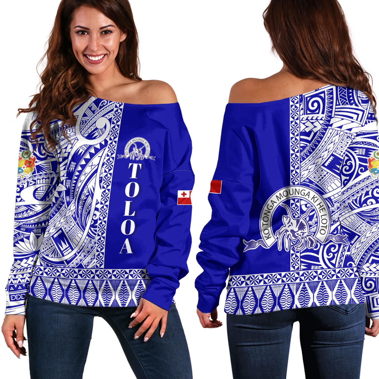 Tonga Custom Personalised Off Shoulder Sweatshirt Tupou College Toloa Simple Ngatu Patterns
