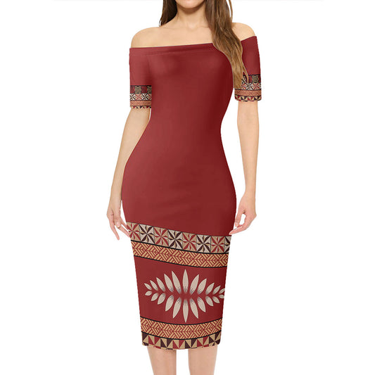 Tonga Short Sleeve Off The Shoulder Lady Dress Ngatu
