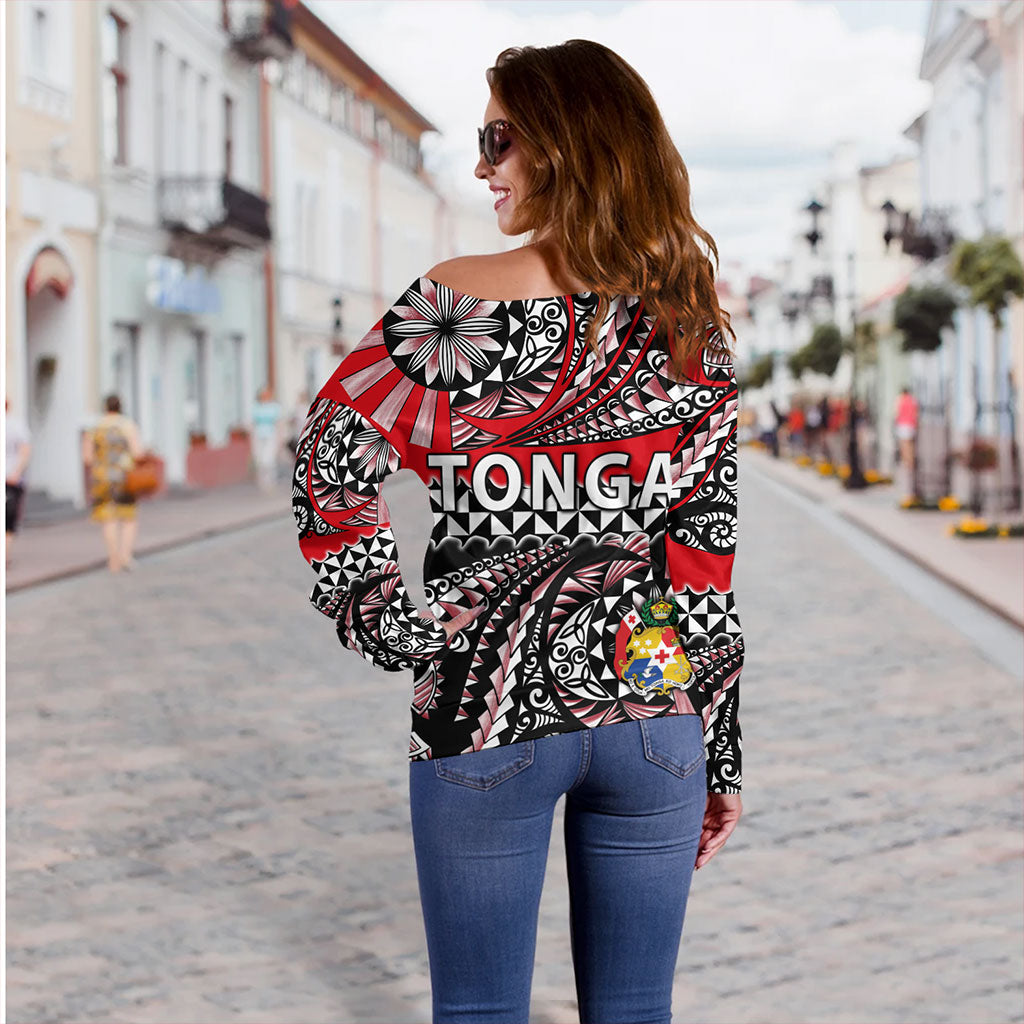 Tonga Off Shoulder Sweatshirt Polynesian Tattoo Tongan Tapa