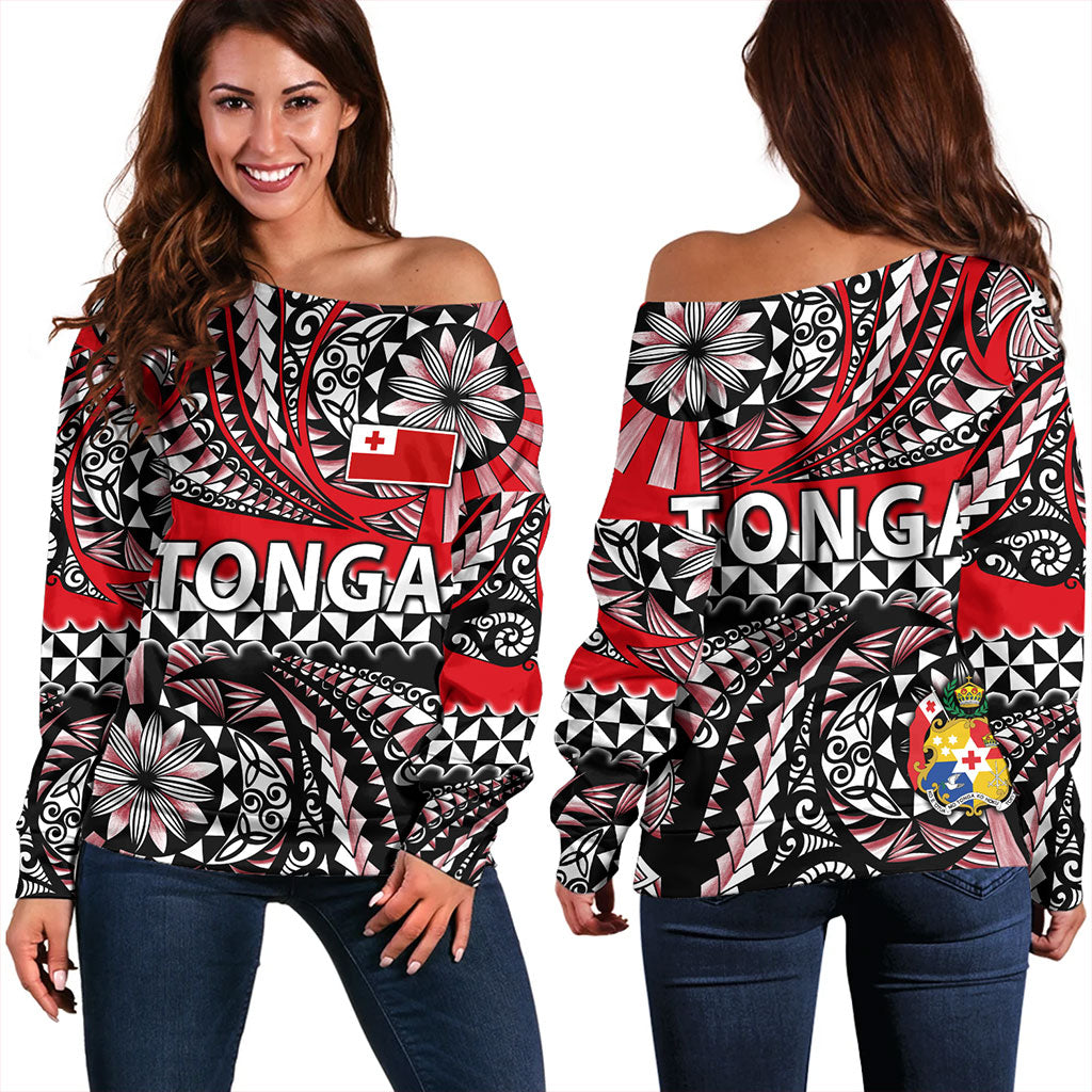 Tonga Off Shoulder Sweatshirt Polynesian Tattoo Tongan Tapa