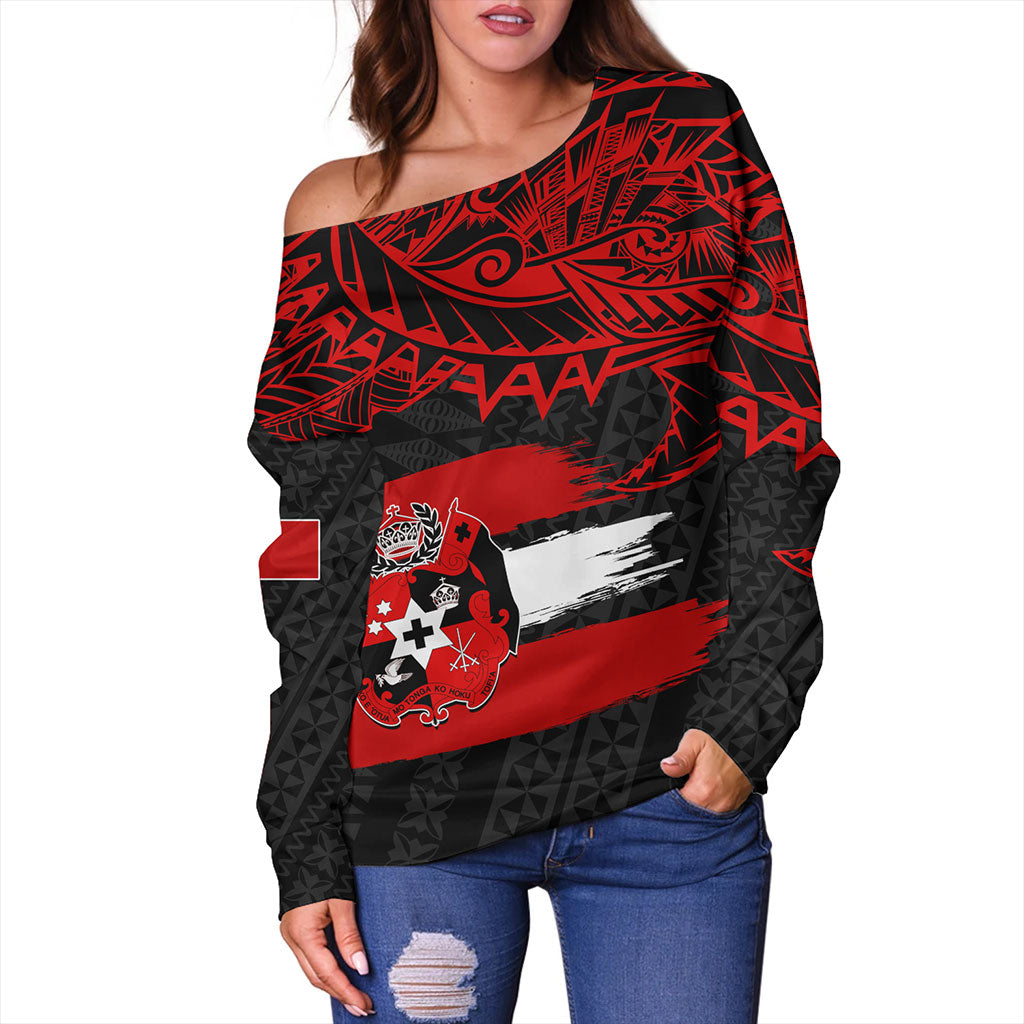 Tonga Off Shoulder Sweatshirt Tribal Polynesian Grunge Flag