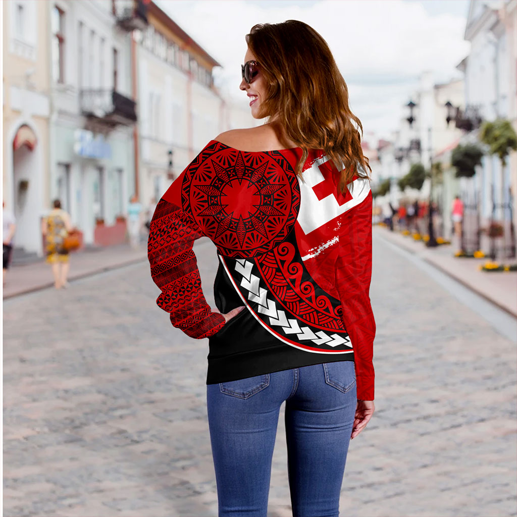 Tonga Off Shoulder Sweatshirt Flag Pattern Circle Style