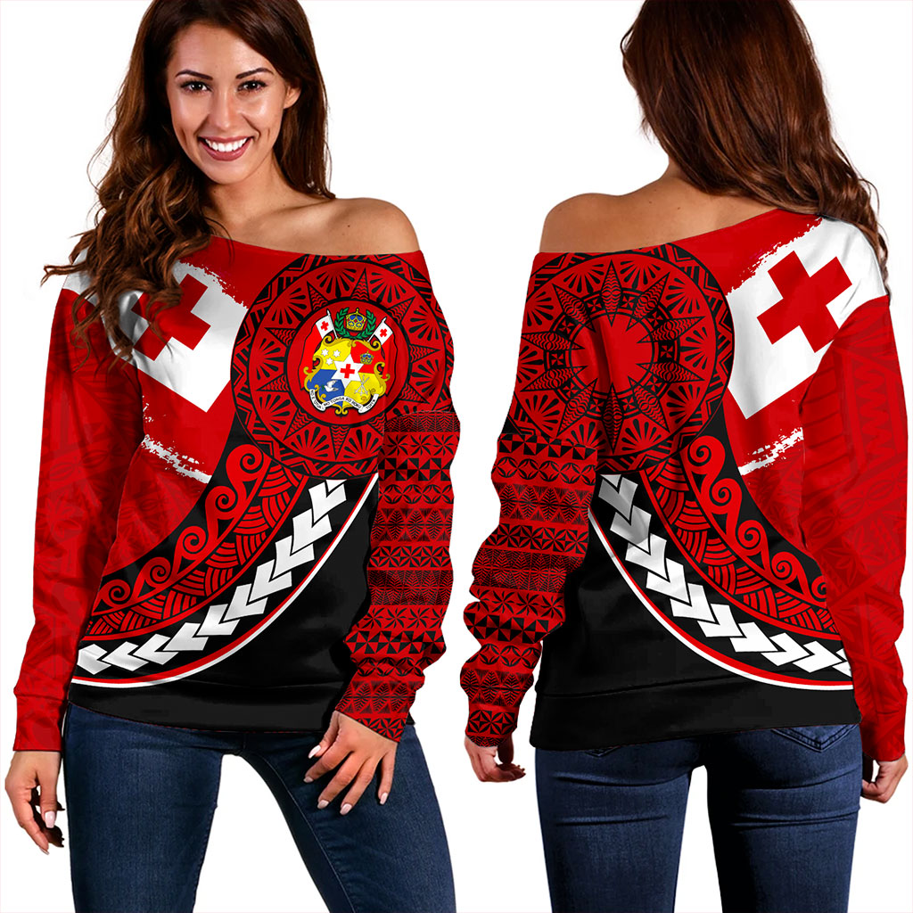 Tonga Off Shoulder Sweatshirt Flag Pattern Circle Style