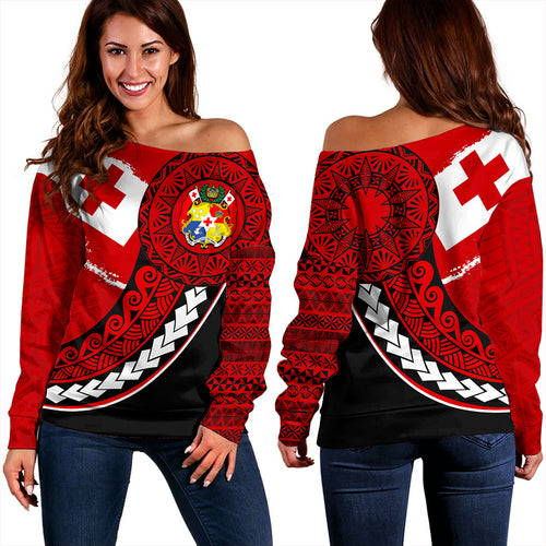 Tonga Off Shoulder Sweatshirt Flag Pattern Circle Style