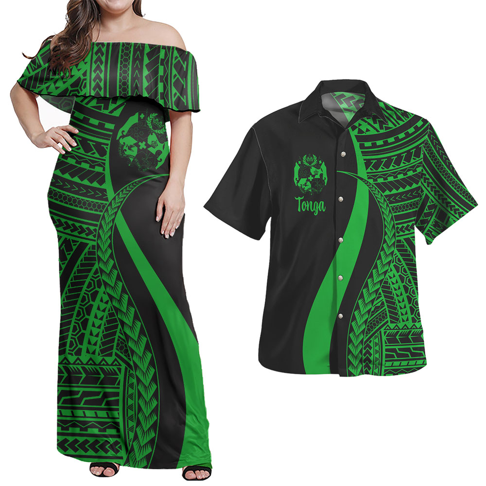 Tonga Combo Dress And Shirt - Polynesian Tentacle Tribal Pattern Green