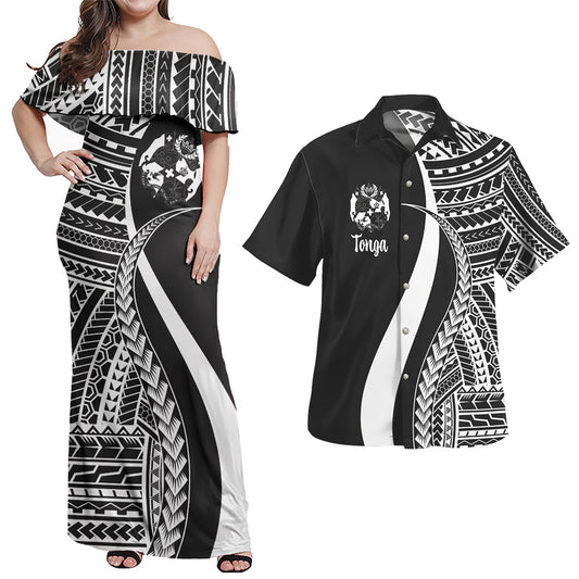 Tonga Combo Dress And Shirt - Polynesian Tentacle Tribal Pattern White