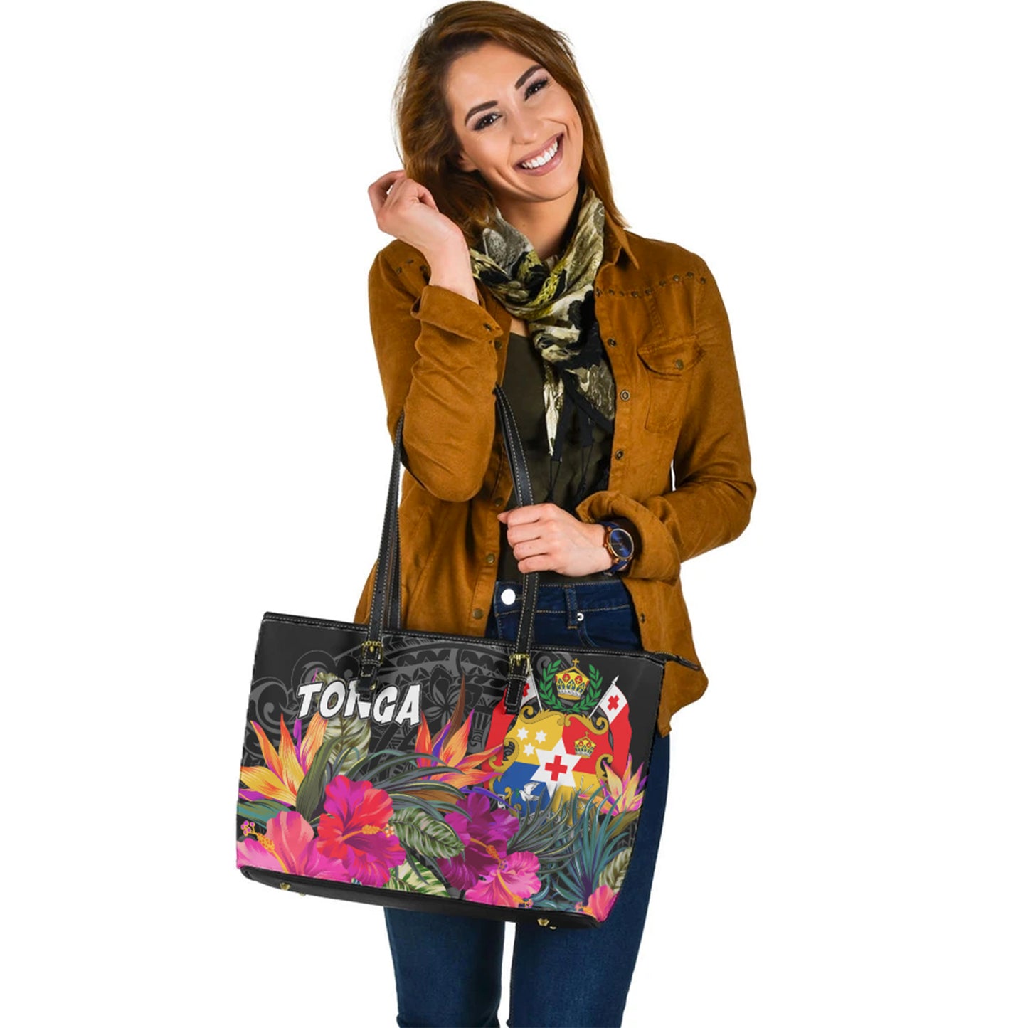 Tonga Custom Personalised Leather Tote Polynesian Hibiscus Pattern