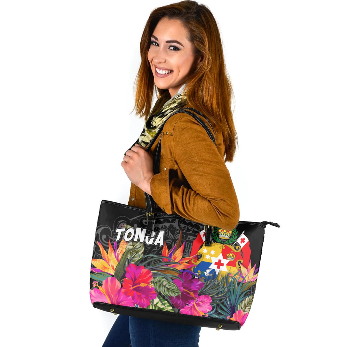 Tonga Custom Personalised Leather Tote Polynesian Hibiscus Pattern
