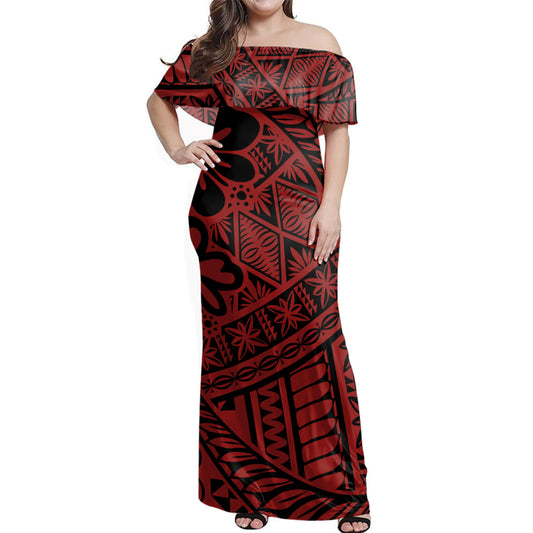 Tonga Woman Off Shoulder Long Dress Kupesi Ngatu