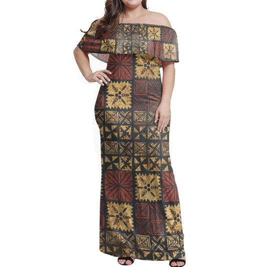 Tonga Ngatu Design Woman Off Shoulder Long Dress