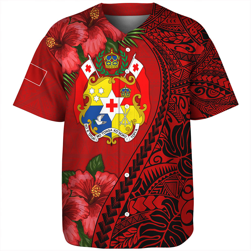 Tonga Baseball Shirt Tribal Polynesian With Hibiscus Flower