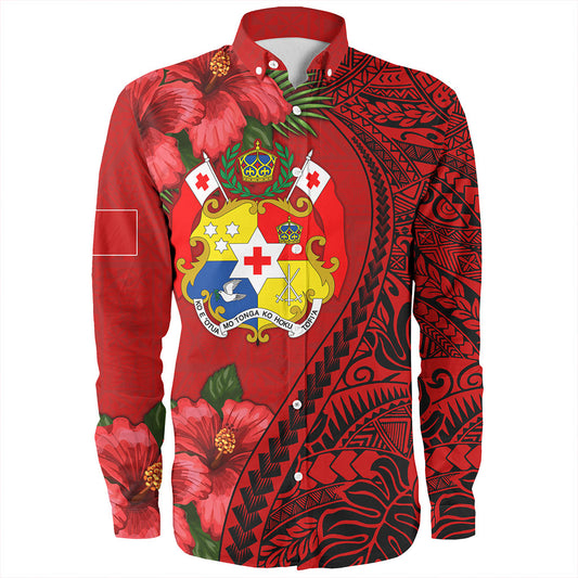 Tonga Long Sleeve Shirt Tribal Polynesian With Hibiscus Flower