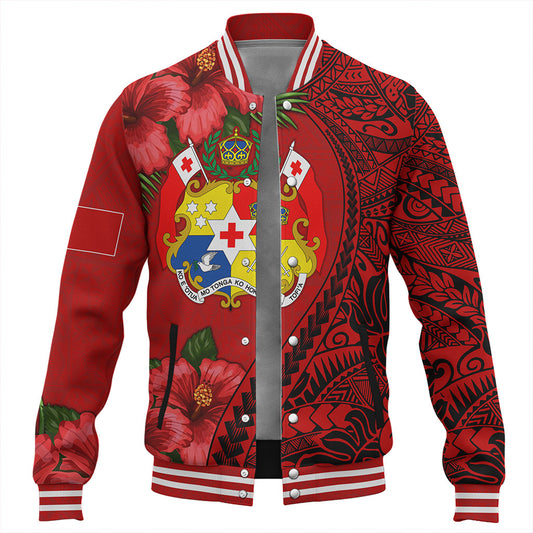 Tonga Baseball Jacket Tribal Polynesian With Hibiscus Flower