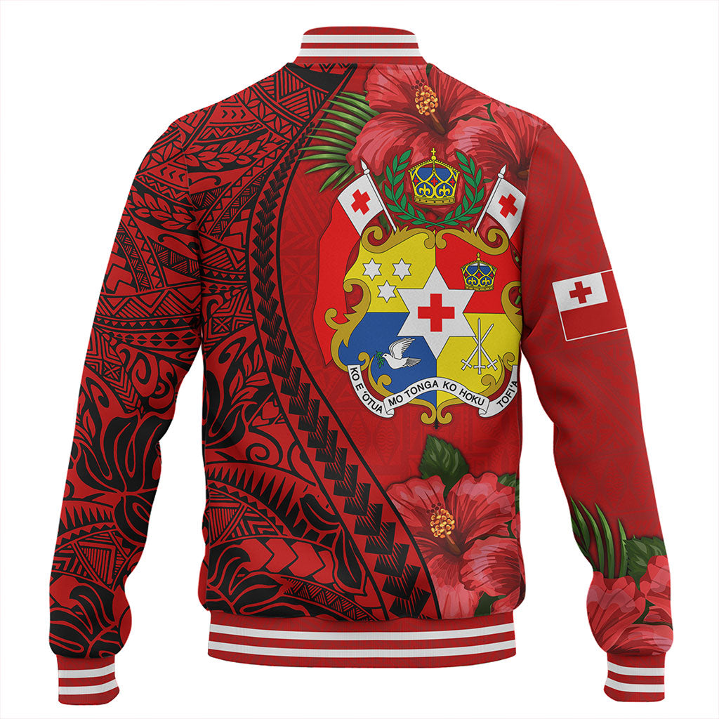 Tonga Baseball Jacket Tribal Polynesian With Hibiscus Flower
