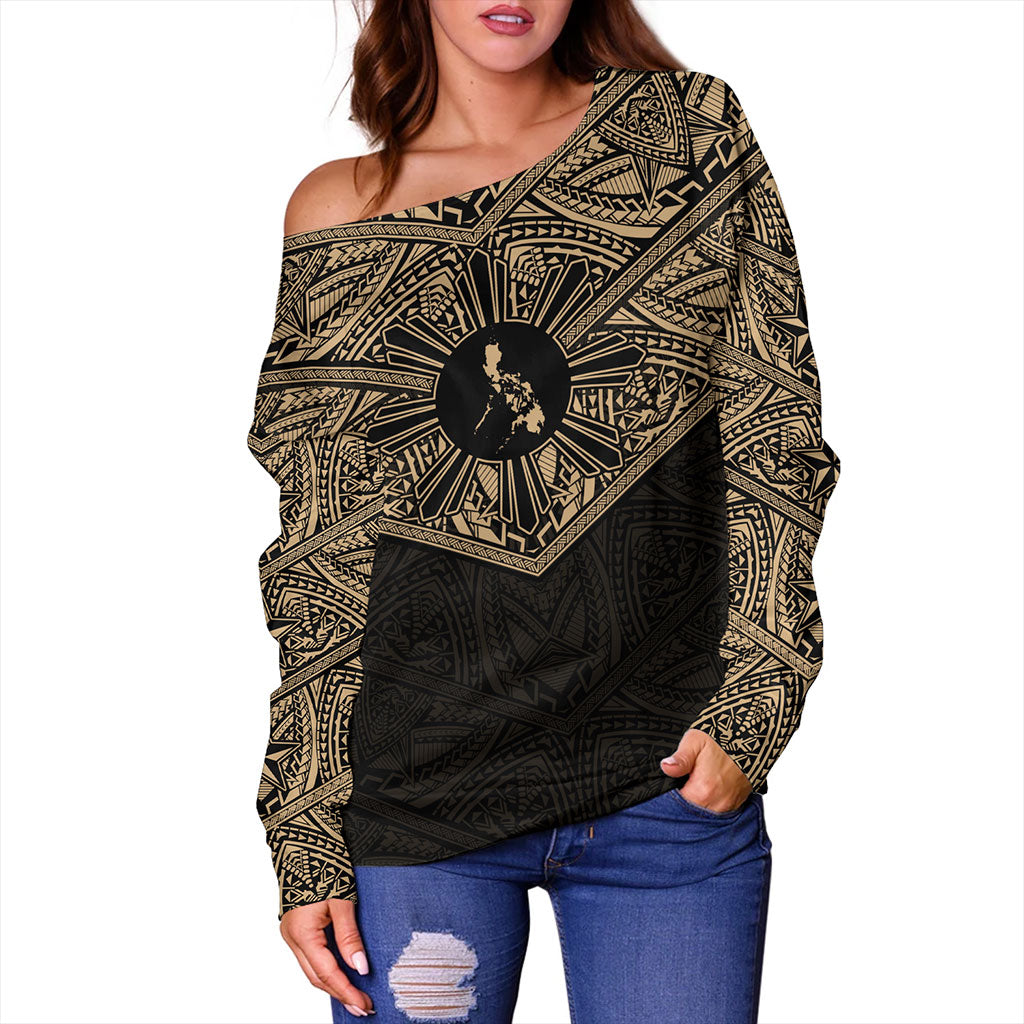 Philippines Filipinos Off Shoulder Sweatshirt Traditional Tribal Tattoo Sun
