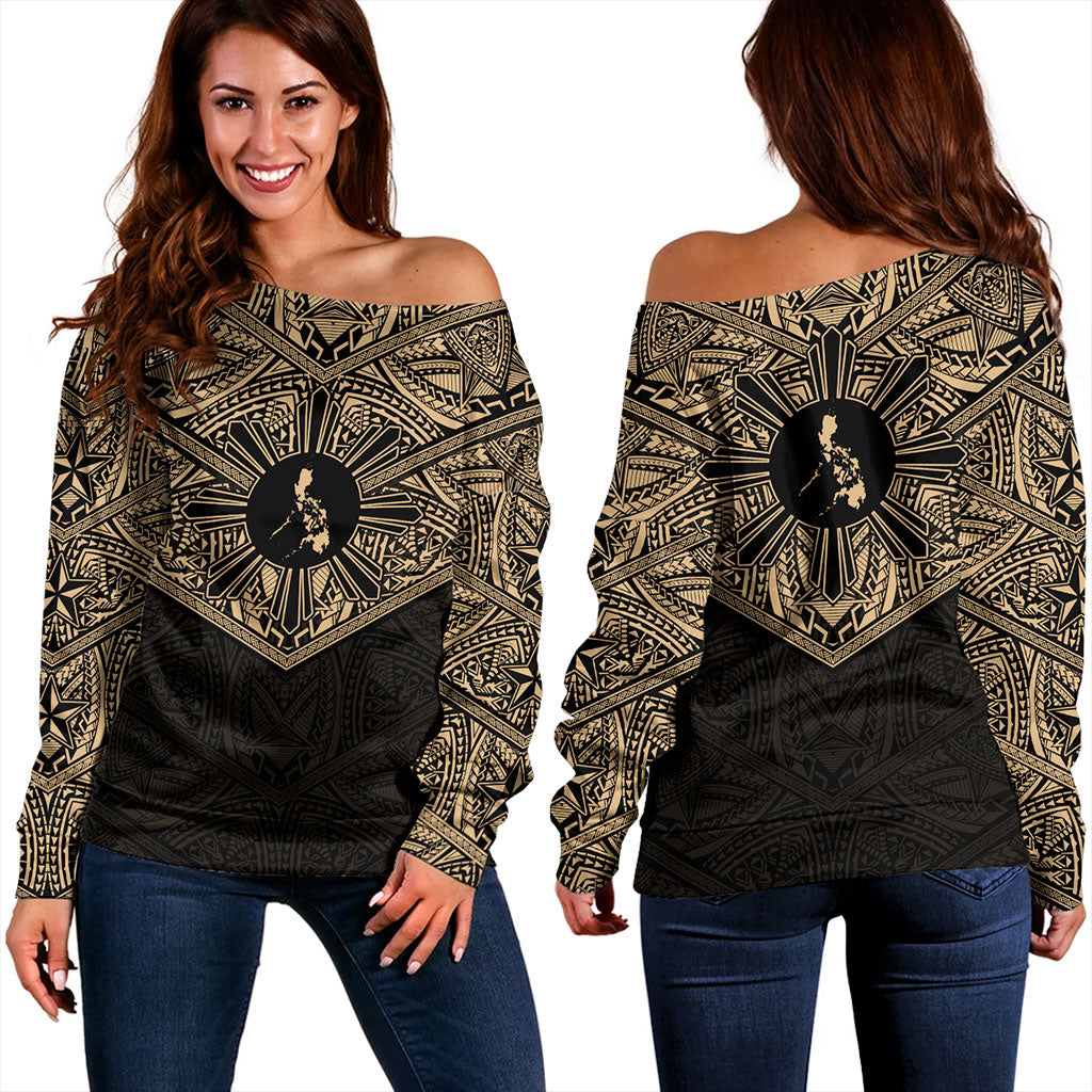 Philippines Filipinos Off Shoulder Sweatshirt Traditional Tribal Tattoo Sun