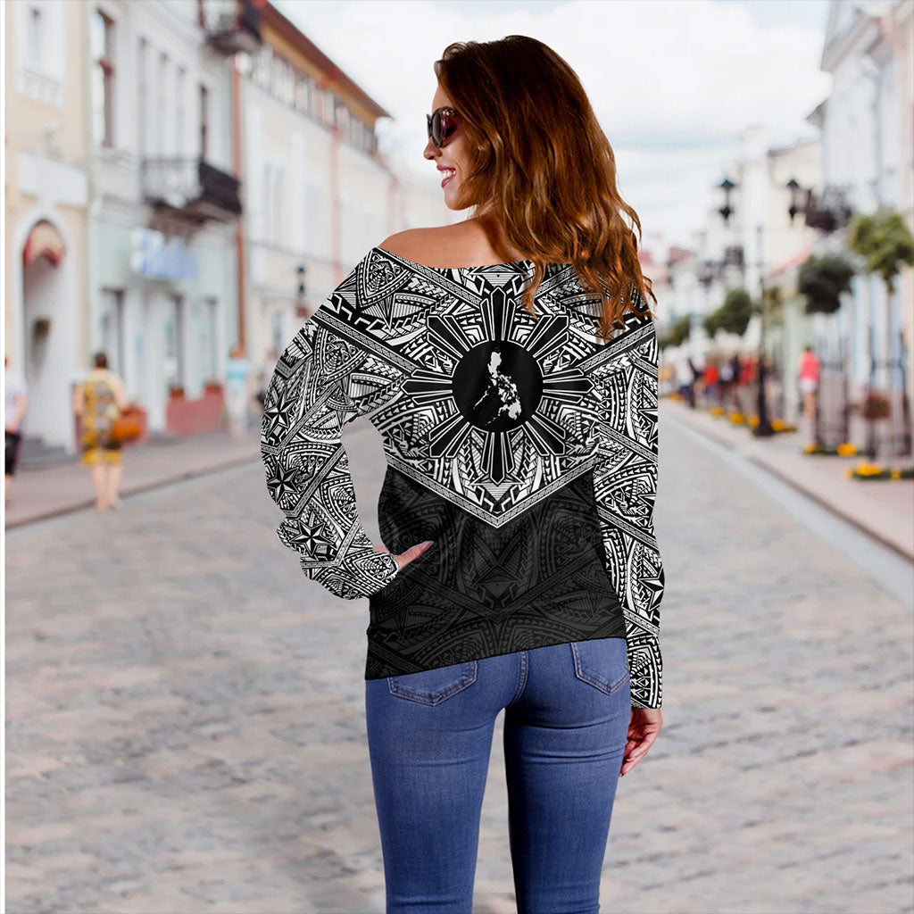 Philippines Filipinos Off Shoulder Sweatshirt Traditional Tribal Tattoo Sun