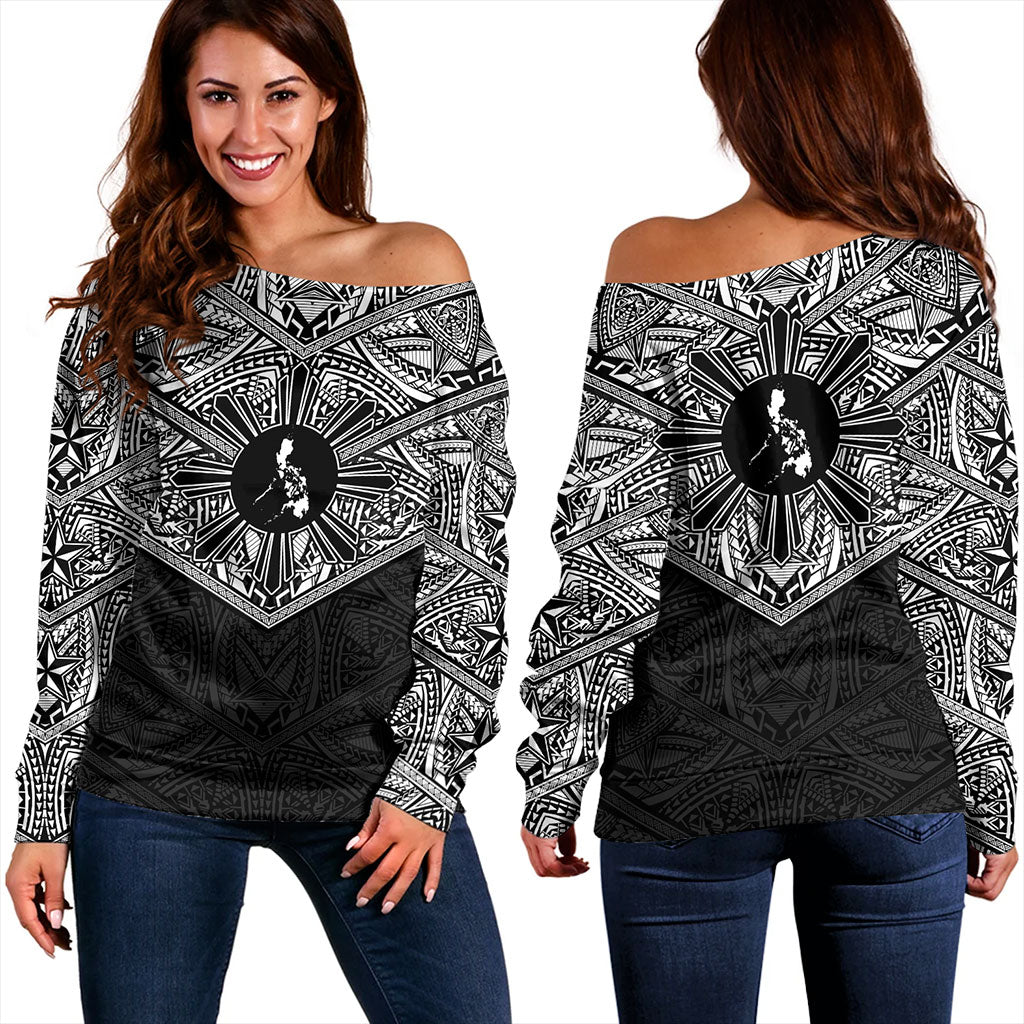 Philippines Filipinos Off Shoulder Sweatshirt Traditional Tribal Tattoo Sun