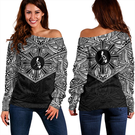 Philippines Filipinos Off Shoulder Sweatshirt Traditional Tribal Tattoo Sun