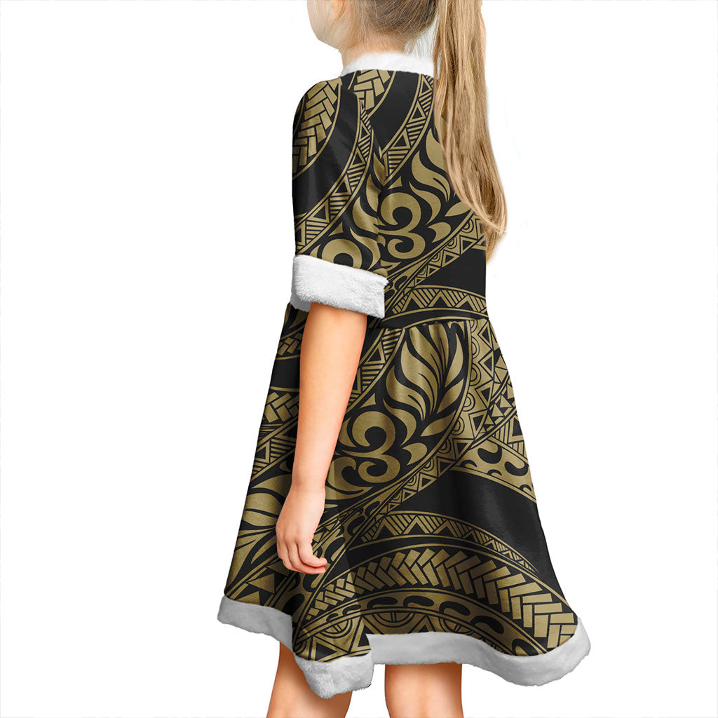 Hawaii Women and Kid Christmas Dress Tribal Pattern Polynesian Gold