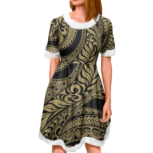 Hawaii Women and Kid Christmas Dress Tribal Pattern Polynesian Gold