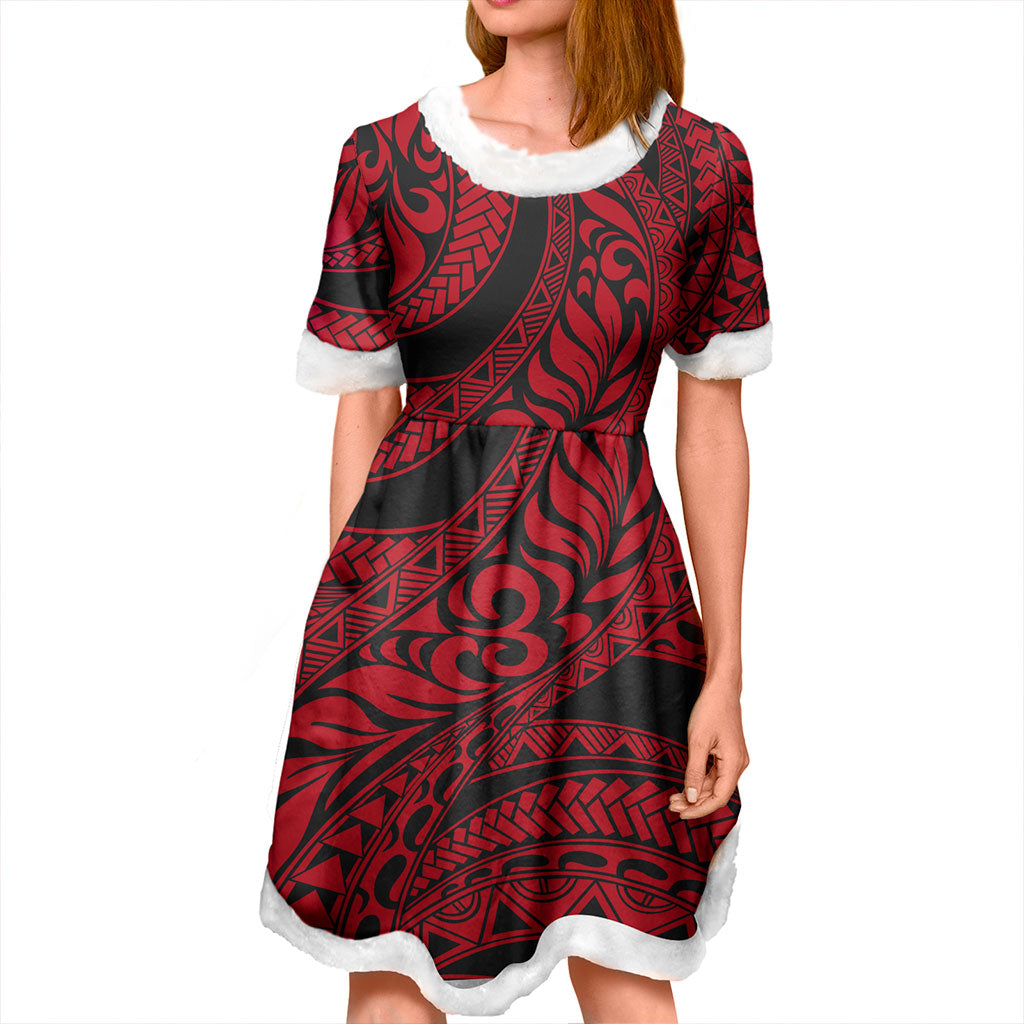Hawaii Women and Kid Christmas Dress Tribal Pattern Polynesian Red