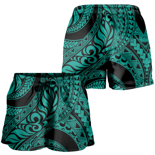 Hawaii Women Shorts Tribal Pattern Polynesian Turquoise