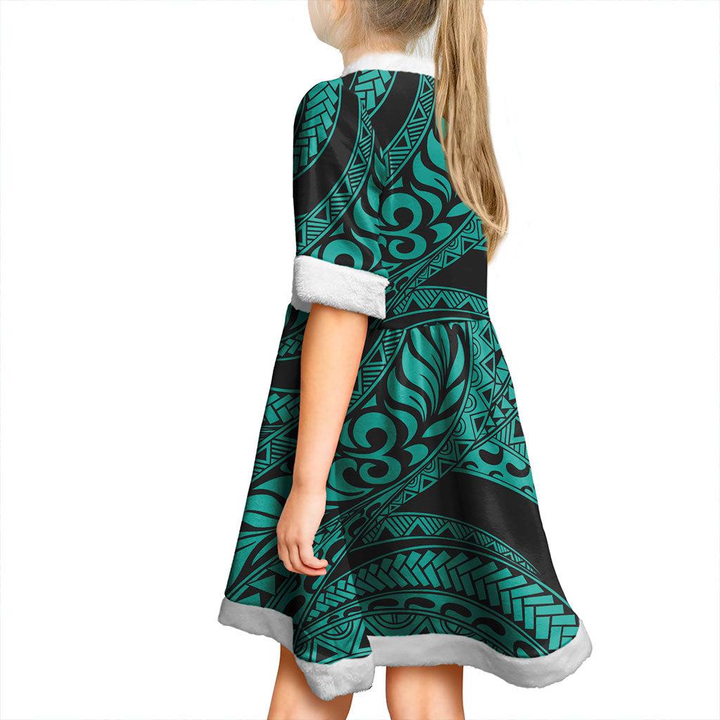 Hawaii Women and Kid Christmas Dress Tribal Pattern Polynesian Turquoise