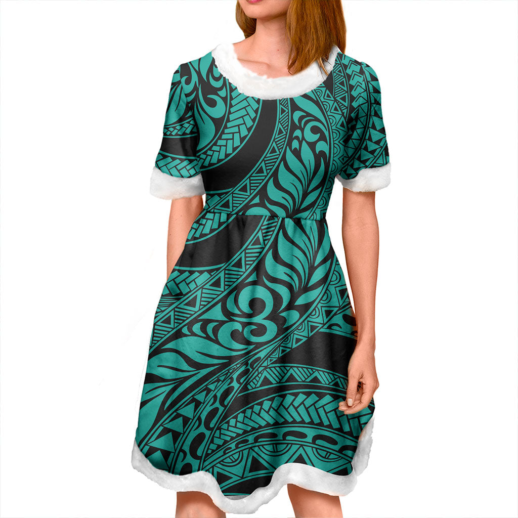 Hawaii Women and Kid Christmas Dress Tribal Pattern Polynesian Turquoise