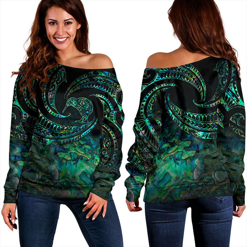 New Zealand Off Shoulder Sweatshirt Tribal Wave Papua Shell With Kiwi Bird