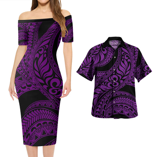 Hawaii Combo Short Sleeve Dress And Shirt Tribal Pattern Polynesian Purple