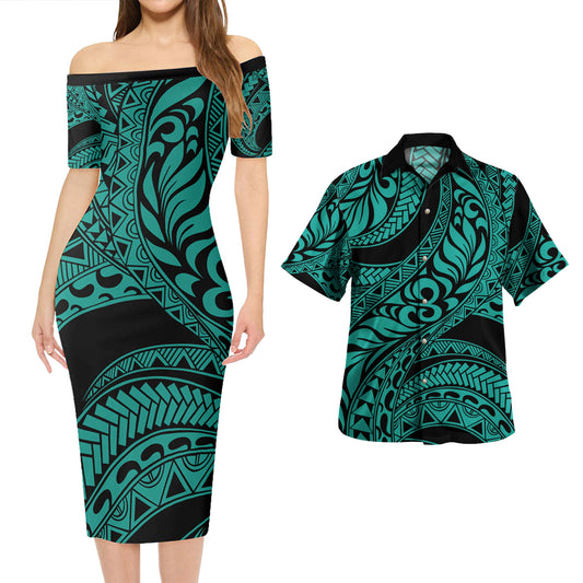 Hawaii Combo Short Sleeve Dress And Shirt Tribal Pattern Polynesian Turquoise