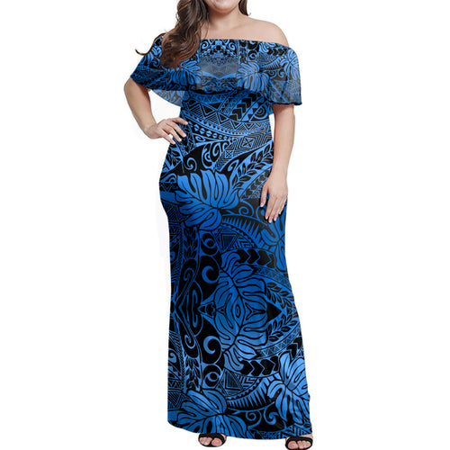 Polynesian Woman Off Shoulder Long Dress Tribal Polynesian Pattern Leaf
