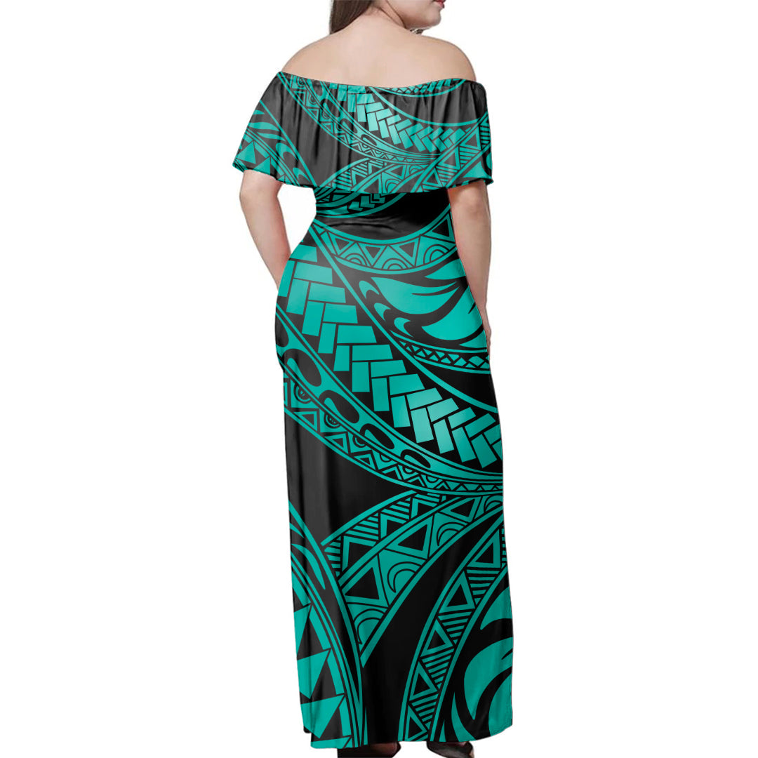 Polynesian Woman Off Shoulder Long Dress Tribal Turquoise Ali Style