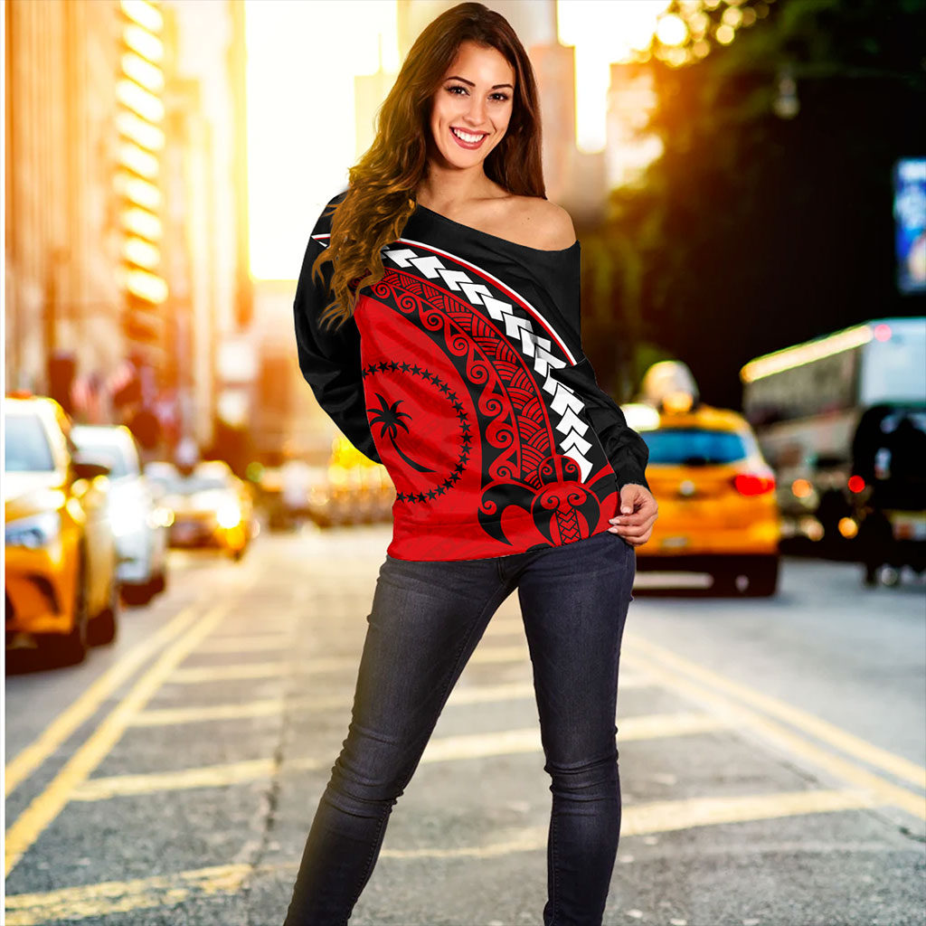 Chuuk State Off Shoulder Sweatshirt Turtle Polynesian Tribal Coat Of Arms