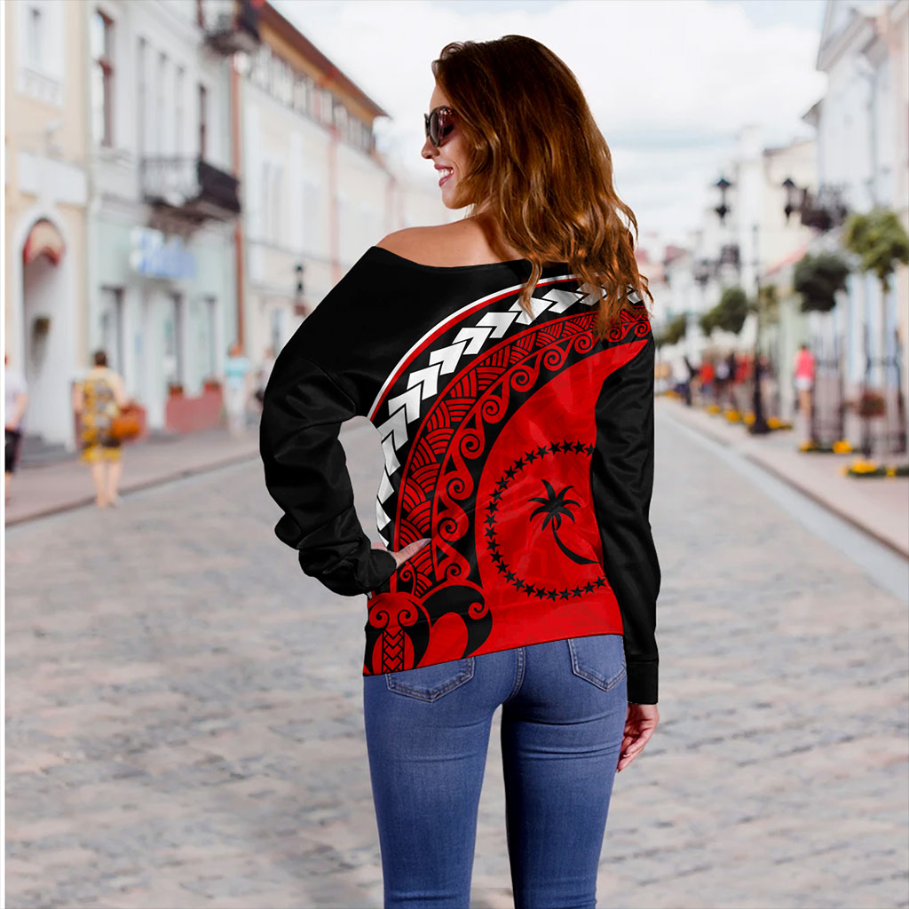 Chuuk State Off Shoulder Sweatshirt Turtle Polynesian Tribal Coat Of Arms
