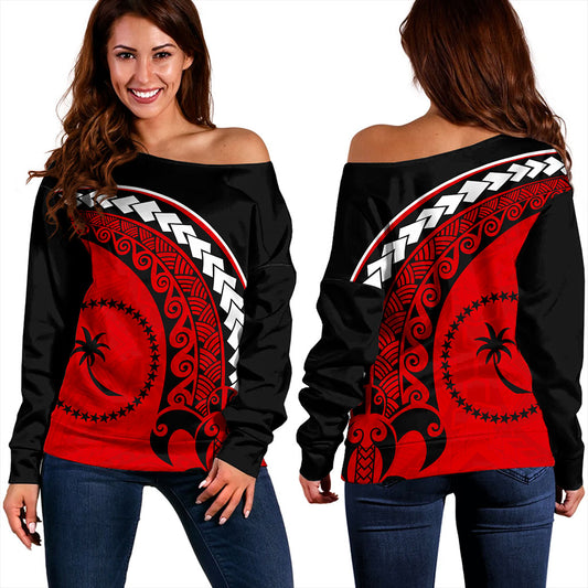 Chuuk State Off Shoulder Sweatshirt Turtle Polynesian Tribal Coat Of Arms